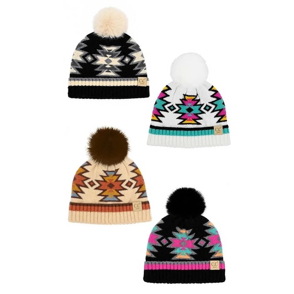 C.C Southwest Pattern Faux Fur Pom Beanie - Picture 1 of 3